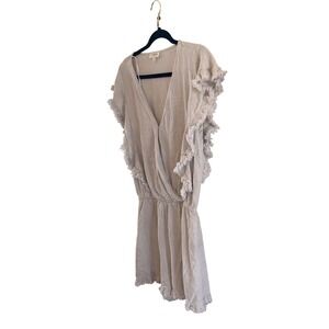 Umgee Linen Blend Romper Beige Ruffle Fringe Trim V-Neck Boho Boutique Size M